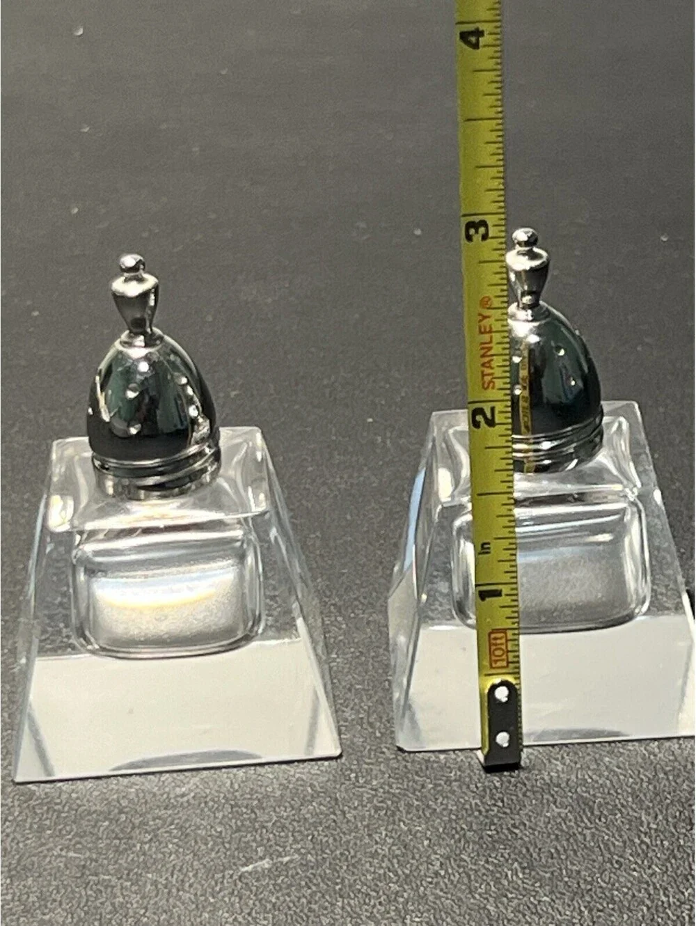 Raimond Japan 1960s Salt Pepper Shakers Square Crystal Silver Plated Lids, 2x3”